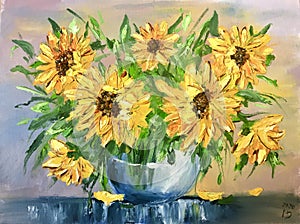 Oil painting yellow flowers. sunflowers in a vase. Yellow oil paints.