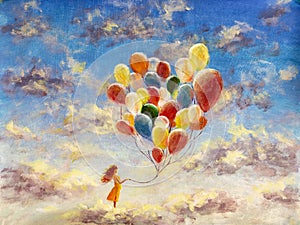 Oil painting young woman girl with multicolored balloons stands on cloud in sky.