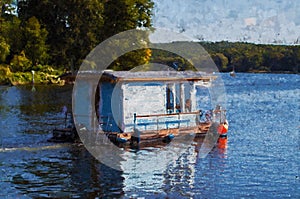 Oil paintings of a houseboat on the river Havel in Havelland region
