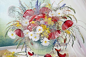 Oil paintings on theme on a bouquet of summer wildflowers
