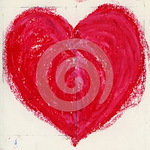 Red Heart Drawn With Oil Pastels On Paper