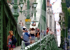 Oil pastel style sketch drawing of the Liberty bridge in Budapest with tourists