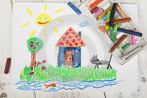 Oil pastels drawing: country house