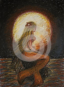 Aceite la pintura sobre el lienzo de rubio sirena de pie sobre el la roca en el mar el gran un mes sobre el fantasía 