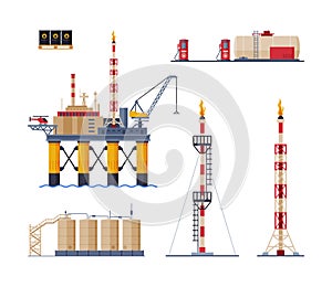 Oil and Petrol Industry with Plant with Tower and Station with Cistern Vector Set