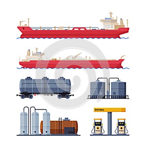 Oil and Petrol Industry with Tanker, Cistern and Station Vector Set