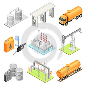 Oil or Petroleum Industry with Extraction Refining and Transporting Process Isometric Vector Set