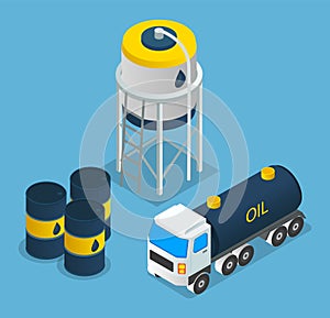 Oil petroleum industry, oil depot, barrels with oil products, oil transportation, industrial symbols