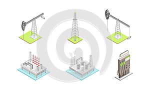 Oil or Petroleum Refinery as Industrial Process Plant with Crude Oil Production Isometric Vector Set