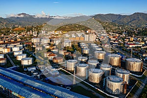 Oil or petroleum storage tanks, aerial drone view