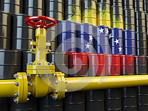 Oil pipe line valve in front of the flag of Venezuela on the oil