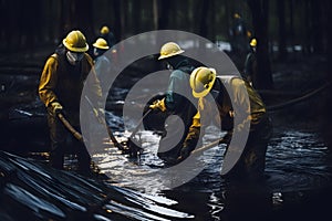 Oil pipeline rupture and disaster occurred in a field near an oil refinery. People in suits and helmets collect and