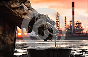 Oil pipeline with spilled crude oil. Worker\'s hand in crude bucket on oilfield.