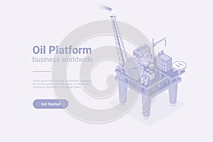 Oil Platform Isometric Flat white monochrome vector concept