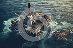 Oil platform in the middle of the sea. 3D Rendering, Aerial view of an oil and gas platform in the sea, representing the oil and