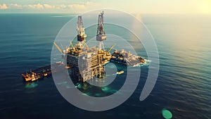 Oil platform in the middle of the sea. 3D Rendering, Aerial view of an oil and gas platform in the sea, representing the oil and
