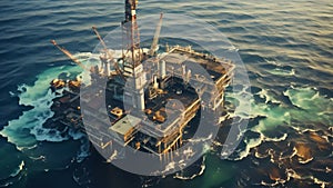 Oil platform in the middle of the sea. 3D Rendering, Aerial view of an oil and gas platform in the sea, representing the oil and