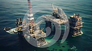 Oil platform in the sea. Oil and gas industry. 3d rendering, Aerial view of oil and gas platform in the sea. Oil and gas industry