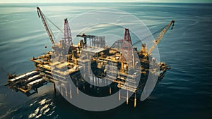 Oil platform in the sea. Oil and gas industry. 3d rendering, Aerial view of an oil and gas platform in the sea, representing the