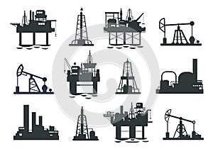 Oil platform silhouette. Offshore petroleum jack derrick tower, energy industry gas extraction plant, fuel production and