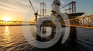 Oil platform at sunset industrial complex on sea
