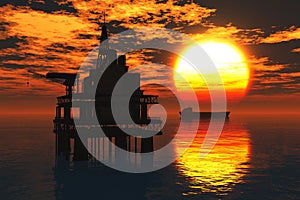 Oil Platform and Tanker in the Sea Sunset 3D rende