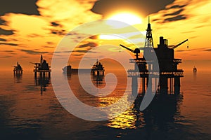 Oil Platform and Tanker in the Sea Sunset 3D rende