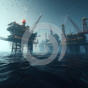 Oil platforms in the ocean, oil drilling from the bottom of the ocean, industrial concept