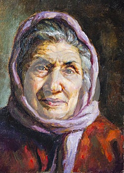 Oil portrait of a grandmother with her scarf