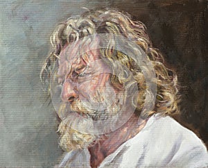 Oil portrait of a man with a bushy white beard