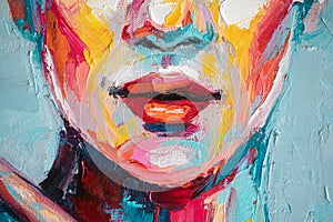 Oil portrait painting in multicolored tones. Abstract picture of a beautiful girl. Conceptual closeup of an oil painting