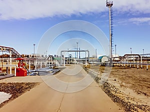 Oil preparation and pumping . The central point of oil gathering from wells of deposits