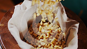 Oil press machine filling with raw pine nuts extreme closeup