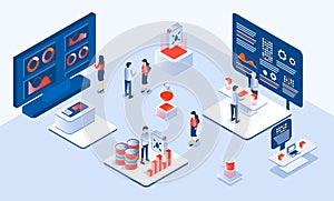 Oil price concept vector in isometric style. Petroleum stock market crisis or profit. Tiny businessmen are selling or buying oil