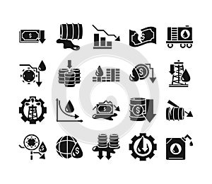 Oil price crash crisis economy business financial icons set silhouette style icon