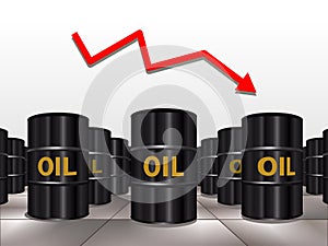 Oil price crash illustration. Petroleum devalue oversold commodity post. Red downtrend arrow. Stock bear market. Vector artwork.