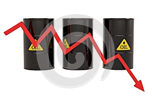 Oil Price Crisis Concept oil drums and arrow isolated on white background. 3D illustration