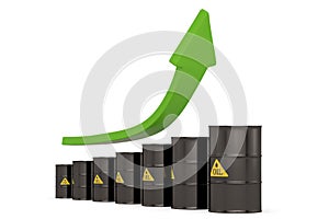 Oil Price Crisis Concept oil drums and arrow isolated on white background. 3D illustration