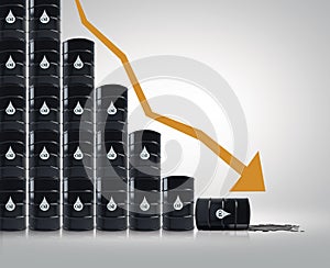 Oil price drop concept as a barrel of crude petroleum arrow down