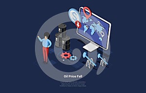 Oil Price Recession Concept Illustration. Isometric Vector Composition In Cartoon 3D Style. Financial Problems, Global