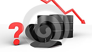 Oil Prices Dropping. Black barrels and red arrow with a question mark. 3D-rendering.