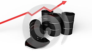 Oil Prices Dropping. Black barrels and red arrow with a question mark. 3D-rendering.