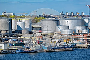 Oil product tank depot in Stockholm industrial sea port. Sweden.