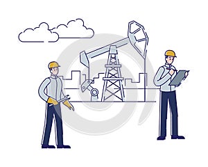 Oil Production, Offshore And Gas Industry. Manager And Worker Check And Service Of Work Oil And Rig Plant