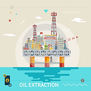 Oil production offshore platform colloquially rig mineral ocean sea extraction flat design vector illustration photo