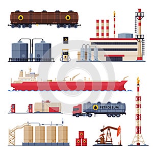Oil Production, Processing and Transportation Set, Gasoline and Petroleum Industry Flat Style Vector Illustration