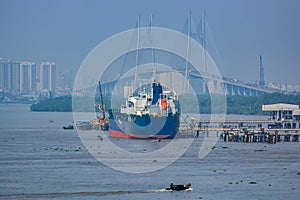 Oil products tanker under cargo operations. photo