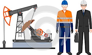 Oil Pump and Engineer in Suit, Worker in Work Uniform and Safety Helmet in Flat Style. Vector Illustration.