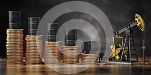 Oil pump jack and barrels on stacks of coins. Decrease of price of crude oil or oil explorati concept. Stock market of crude oil,