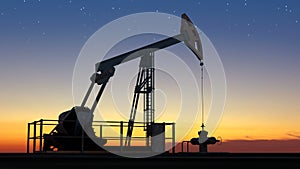 Oil pump jack extracting crude oil under starry sunset sky